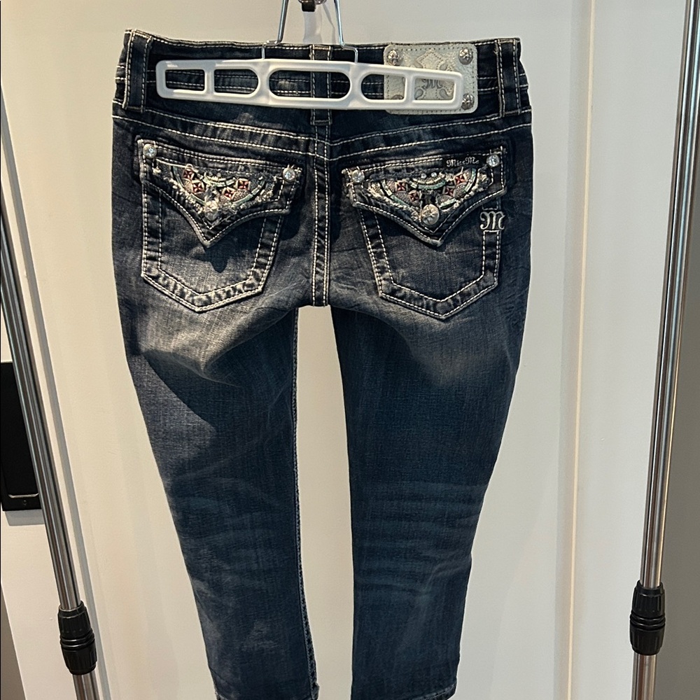 Miss Me Dark Blue Cropped Jeans with Embellished Pockets